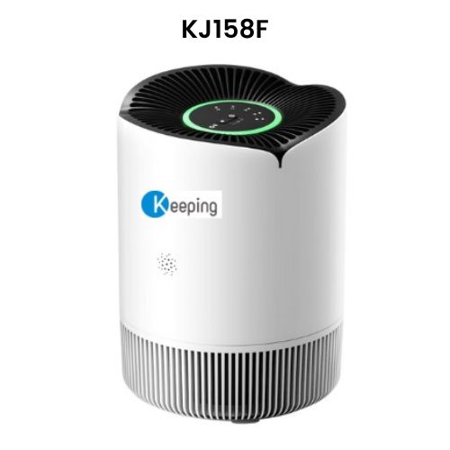 White cylindrical air purifier with a black vented top, green LED ring, and a Keeping logo on the front.