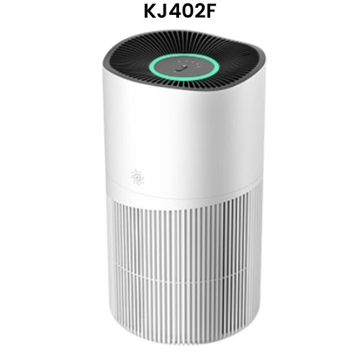 White cylindrical air purifier with black vented top and a green ring indicator; model KJ402F