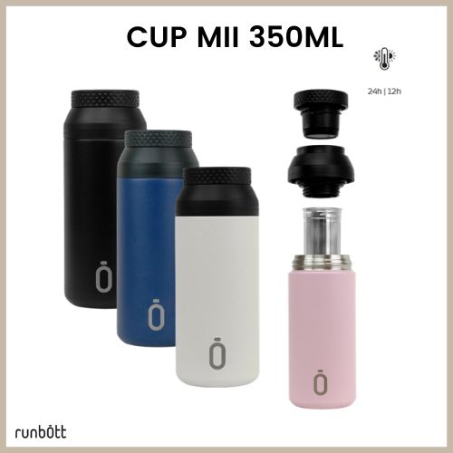 Set of four CUP MII 350ml insulated bottles in black, blue, white, and pink with screw-on lids (image shows caps separated on the right).