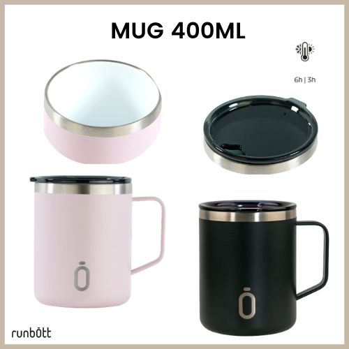 Product photo showing four views of a 400ml mug set: pink and black mugs with metal rims and lids, displayed from different angles.